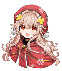Rule 34 | 1girl, bell, beret, blonde hair, borrowed character, cape, cropped shoulders, hat, highres, jingle bell, long hair, looking at viewer, open mouth, original, pom pom (clothes), red cape, red eyes, red hat, smile, snowflakes, solo, wavy hair, yadayada