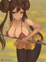 Rule 34 | 1girl, artist name, bare arms, bare shoulders, bikini, bikini top only, black pantyhose, blush, breasts, brown hair, cleavage, closed mouth, collarbone, creatures (company), double bun, game freak, green eyes, hair bun, highres, horizontal bar, large breasts, leaning forward, long hair, looking at viewer, lsls, miniskirt, nintendo, outdoors, pantyhose, pleated skirt, pokemon, pokemon bw2, rosa (pokemon), sidelocks, skirt, smile, solo, swimsuit, twintails, very long hair, watermark, web address, yellow skirt