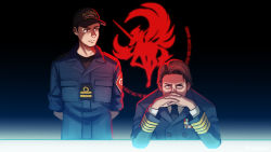 Rule 34 | 2boys, ace combat, ace combat 7: skies unknown, alicorn (ace combat), arms behind back, baseball cap, black headwear, black neckwear, blue jacket, brown eyes, brown hair, closed mouth, clothes writing, commentary, covered mouth, english commentary, english text, gendou pose, hands clasped, hat, highres, jacket, long sleeves, looking at another, looking away, looking to the side, male focus, matias torres, military jacket, multiple boys, ndtwofives, necktie, own hands clasped, own hands together, red eyes, shirt, short sleeves, sitting, standing, white shirt