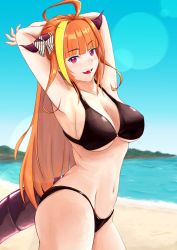 Rule 34 | 1girl, absurdres, ahoge, armpits, arms behind head, arms up, beach, bikini, black bikini, blonde hair, blunt bangs, bow, breasts, cleavage, day, dragon girl, dragon horns, dragon tail, fang, highres, hololive, horns, kiryu coco, large breasts, lens flare, long hair, multicolored hair, navel, ocean, open mouth, orange hair, red eyes, sand, signature, smile, solo, straight hair, streaked hair, striped, striped bow, swimsuit, tail, two-tone hair, very long hair, virtual youtuber, water, zeiss