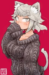 Rule 34 | 1girl, animal ears, aran sweater, blush, breasts, cable knit, cat ears, cat tail, eyebrows, freckles, grey eyes, grey hair, highres, large breasts, looking at viewer, original, red background, san mamiya, short hair, sleeves past wrists, solo, standing, sweater, tail, thick eyebrows