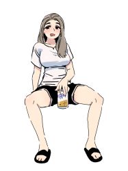 Rule 34 | 1girl, bad id, bad pixiv id, beer can, black eyes, blush, breasts, brown hair, can, drink can, drunk, full body, hair over shoulder, impossible clothes, impossible shirt, invisible chair, large breasts, long hair, original, royal tea, sandals, shirt, shorts, sitting, solo, t-shirt, white background
