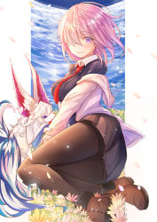 Rule 34 | 1girl, bad id, bad pixiv id, creature, fate/grand order, fate (series), flower, fou (fate), hair over one eye, mash kyrielight, necktie, pantyhose, petals, pink eyes, pink hair, short hair, sky, smile, thighhighs, zhi yu (siro800102)