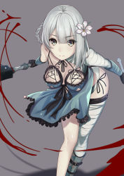 Rule 34 | 1girl, asymmetrical clothes, bandaged arm, bandaged leg, bandages, bare legs, blood, blue dress, blue eyes, blunt bangs, braid, breasts, cleavage, closed mouth, dress, dual wielding, eyebrows, flower, grey background, hair flower, hair ornament, highres, holding, kagematsuri, kaine (nier), large breasts, looking at viewer, md5 mismatch, multicolored eyes, nier, nier (series), outstretched arms, panties, pink flower, short dress, side braid, silver hair, simple background, smile, solo, underwear, white panties, yellow eyes