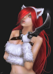 Rule 34 | 1girl, absurdres, alternate costume, animal ears, bandeau, black background, breasts, cat ears, cleavage, dagger, facial mark, fake animal ears, from side, gloves, hair over one eye, highres, holding, holding dagger, holding knife, holding weapon, katarina (league of legends), kitty cat katarina, knife, league of legends, long hair, looking at viewer, open mouth, parted bangs, simple background, solo, very long hair, weapon, whisker markings