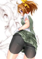 Rule 34 | 1girl, ahoge, ass, bike shorts, blush, brown hair, collared shirt, dated, gloves, green skirt, green vest, hair ribbon, kagerou (kancolle), kantai collection, looking at viewer, looking back, mokufuu, open mouth, pleated skirt, purple eyes, ribbon, shirt, short sleeves, shorts, shorts under skirt, skirt, solo, sweater vest, thighs, twintails, twitter username, vest, white background, white gloves, white shirt, yellow ribbon, zoom layer