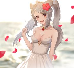Rule 34 | 1girl, animal ears, bare arms, bare shoulders, blurry, blurry background, blurry foreground, braid, braided bangs, breasts, brown eyes, cat ears, character request, cleavage, collarbone, commentary request, depth of field, dress, flower, granblue fantasy, hair flower, hair ornament, hibiscus, highres, long hair, medium breasts, myusha, petals, red flower, silver hair, solo, strapless, strapless dress, summer, swept bangs, twintails, very long hair, white dress