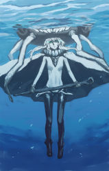Rule 34 | 10s, 1girl, abyssal ship, bad id, bad pixiv id, bodysuit, cape, gloves, glowing, glowing eyes, highres, kaburagi yuki, kantai collection, long hair, partially submerged, personification, silver hair, solo, underwater, underwear, wo-class aircraft carrier