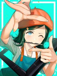 Rule 34 | 1girl, beret, blue eyes, fruit hair ornament, green hair, hair ornament, hairclip, hat, highres, matsu bokkuri, medium hair, mouth hold, one eye closed, original, pencil, picture frame, red hat, smile, solo