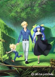 Rule 34 | 1girl, 2boys, aged down, akisa yositake, arc system works, belt, black dress, blonde hair, blouse, blue hair, blue shirt, breasts, collared shirt, dizzy (guilty gear), dress, family, father and son, field, grass, green eyes, guilty gear, hair between eyes, hair ribbon, hand on own chest, highres, holding hands, husband and wife, japanese flag, ky kiske, large breasts, long hair, mother and son, multiple boys, overalls, red eyes, ribbon, shirt, sin kiske, smile, squirrel, standing, tree, twintails, twitter username, v-neck