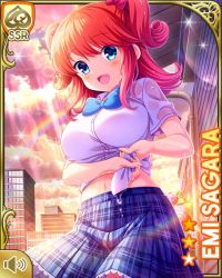 Rule 34 | 1girl, :d, bag, blue bow, blue eyes, blue skirt, bow, card (medium), character name, day, girlfriend (kari), hair behind ear, hair ribbon, looking at viewer, navel, official art, open mouth, orange hair, outdoors, park, plaid, plaid skirt, qp:flapper, rainbow, red bow, ribbon, sagara emi, school uniform, shirt, shoes, sitting, skirt, smile, sunset, tagme, thighhighs, two side up, wet, wet clothes, white shirt, wringing clothes