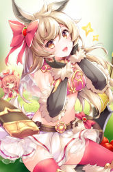 Rule 34 | 1girl, :d, animal ears, belt, black gloves, blonde hair, bow, breasts, crop top, elbow gloves, fur trim, gloves, gold trim, hair bow, hands up, hat, kabocha usagi, long hair, looking at viewer, medium breasts, midriff, miniskirt, neneka (princess connect!), open mouth, pink thighhighs, princess connect!, lima (princess connect!), see-through, sheath, sitting, skirt, sleeveless, smile, solo, stomach, sword, thighhighs, weapon, white skirt, yellow eyes, zettai ryouiki