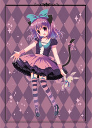 Rule 34 | 1girl, animal ears, argyle, argyle background, argyle clothes, bow, cat ears, flat chest, hair bow, highres, kuro (nyago kuromaru), looking at viewer, open mouth, original, purple eyes, purple hair, ribbon, smile, solo, striped clothes, striped thighhighs, stuffed animal, stuffed toy, thighhighs