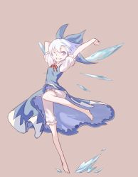 Rule 34 | 1girl, arms up, barefoot, bloomers, blue eyes, blue hair, bow, cirno, collared shirt, dress, full body, grin, hair bow, ice, ice wings, large bow, looking at viewer, matching hair/eyes, one eye closed, plantar flexion, shirt, simple background, smile, solo, standing, standing on one leg, stretching, touhou, underwear, wings, yamamomo (plank)