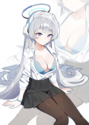 Rule 34 | 1girl, absurdres, black pantyhose, black skirt, blue archive, blue bra, blush, bra, breasts, cleavage, collarbone, commentary, english commentary, grey hair, halo, highres, long hair, mechanical halo, medium breasts, noa (blue archive), open clothes, open shirt, pantyhose, purple eyes, seizou hidzuke, shirt, sitting, skirt, smile, solo, underwear, very long hair, white hair, white halo, white shirt