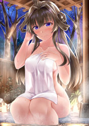 Rule 34 | 1girl, absurdres, ahoge, ayakase hotaru, breasts, brown hair, collarbone, covering privates, double bun, highres, holding, holding towel, kantai collection, kongou (kancolle), long hair, looking at viewer, medium breasts, naked towel, night, night sky, nude cover, onsen, outdoors, purple eyes, sitting, sky, smile, soaking feet, solo, steam, towel, water, wet, white towel