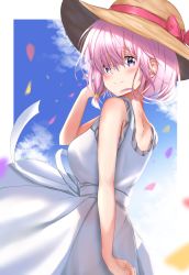 Rule 34 | 1girl, alternate costume, blue sky, blush, closed mouth, cloud, cloudy sky, day, dress, fate/grand order, fate (series), from side, hat, looking at viewer, looking back, maosame, mash kyrielight, outdoors, petals, pink hair, short hair, sky, smile, solo, sun hat, sundress, white dress