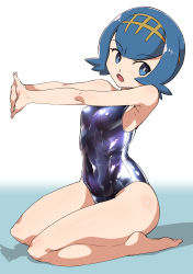 Rule 34 | 1girl, absurdres, barefoot, blue one-piece swimsuit, blush, breasts, bright pupils, creatures (company), game freak, highres, lana (pokemon), moto toshi, new school swimsuit, nintendo, one-piece swimsuit, pokemon, pokemon sm, school swimsuit, solo, swimsuit, tan, tanline, trial captain