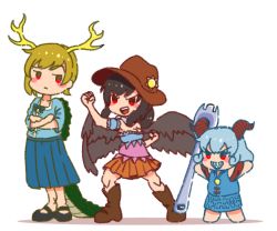 Rule 34 | 3girls, antlers, arms up, bandana, barefoot, black hair, black wings, blonde hair, blue hair, blue shirt, blue skirt, blue vest, boots, chibi, clenched hands, cowboy boots, cowboy hat, crossed arms, curly hair, dragon girl, dragon horns, dragon tail, eye print, grin, hat, horns, horse girl, kicchou yachie, kuroguy, kurokoma saki, long hair, mary janes, meandros, medium hair, multiple girls, off-shoulder shirt, off shoulder, open mouth, patterned clothing, pegasus wings, pleated skirt, ponytail, red eyes, red horns, sharp teeth, sheep horns, shirt, shoes, short hair, skirt, smile, spork, tail, teeth, touhou, toutetsu yuuma, turtle shell, vest, wings