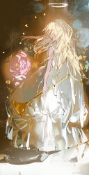 Rule 34 | 1girl, absurdres, angel, angel wings, bare arms, bare shoulders, blonde hair, blue background, chinese commentary, commentary request, dress, feathered wings, floral background, flower, from behind, full body, gradient background, grey footwear, hair over eyes, halo, highres, holding trumpet, long dress, long hair, original, pink flower, pink rose, rose, shoes, sleeveless, sleeveless dress, solo, vihua6, white dress, white halo, white wings, wings
