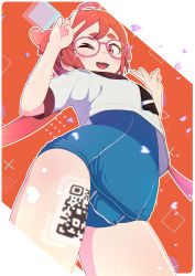 Rule 34 | 1girl, ahoge, blue one-piece swimsuit, double v, eyebrows, female focus, glasses, heart, no legwear, nose, one-piece swimsuit, one eye closed, open mouth, original, pororipo (pixiv 46352272), qr code, red eyes, red hair, sailor collar, sailor shirt, scarf, school swimsuit, school uniform, shirt, short hair, short sleeves, solo, swimsuit, tongue, v, white shirt, wink