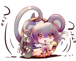 Rule 34 | 1girl, :o, animal ears, basket, brown eyes, chibi, female focus, full body, grey hair, hair between eyes, in container, looking at viewer, mouse ears, mouse tail, nazrin, open mouth, red eyes, short hair, solo, tail, touhou, usoneko