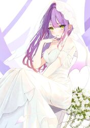 Rule 34 | 1girl, alternate costume, bare shoulders, blush, breasts, bridal veil, cleavage, commentary, cross, demon girl, demon tail, demon wings, dot nose, dress, ear chain, earrings, english commentary, fingernails, flower, gradient hair, green eyes, hand up, highres, hololive, jewelry, large breasts, long dress, long hair, looking at viewer, multicolored hair, nail polish, necklace, off-shoulder dress, off shoulder, parted lips, pink hair, pointy ears, purple hair, purple nails, ring, rose, sitting, solo, streaked hair, tail, teeth, tokoyami towa, totuoooo1015, veil, virtual youtuber, wedding dress, white dress, white flower, white rose, wings
