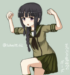 Rule 34 | 10s, 1girl, black hair, blunt bangs, blush, braid, clenched hands, colombia pose, green skirt, kantai collection, kinu (kancolle), kitakami (kancolle), looking at viewer, neckerchief, open mouth, pleated skirt, purple eyes, sailor collar, school uniform, serafuku, single braid, skirt, solo, translation request, twitter username, yakob labo