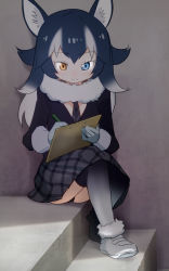 Rule 34 | 10s, 1girl, animal ears, argyle, argyle clothes, argyle necktie, argyle neckwear, black hair, black panties, blue eyes, boots, commentary, fur collar, fur trim, gloves, gradient legwear, grey wolf (kemono friends), heterochromia, highres, kemono friends, light smile, long hair, multicolored clothes, multicolored hair, multicolored legwear, necktie, panties, pantyshot, pencil, sat-c, sitting, sketchbook, skirt, solo, stairs, thighhighs, two-tone hair, underwear, white hair, wolf ears, yellow eyes