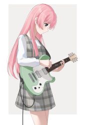 1girl absurdres bang_dream! bang_dream!_it&#039;s_mygo!!!!! blush border cable chihaya_anon closed_mouth commentary dress electric_guitar grey_dress grey_eyes guitar highres holding holding_guitar holding_instrument instrument long_hair long_sleeves merlin_(mer71n) outside_border pinafore_dress pink_hair plaid_clothes plaid_dress shirt sleeveless sleeveless_dress solo symbol-only_commentary white_border white_shirt