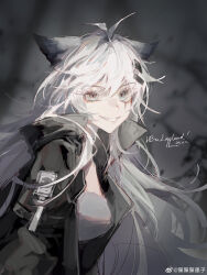 Rule 34 | 1girl, absurdres, animal ear fluff, animal ears, antenna hair, arknights, artist name, bandeau, black jacket, blurry, blurry background, breasts, character name, chinese commentary, chinese text, collared jacket, commentary request, dated, depth of field, english text, eyelashes, fang, from side, grey background, grey eyes, grey hair, hair between eyes, hair ornament, hairclip, happy birthday, high collar, highres, jacket, lappland (arknights), layered sleeves, long eyelashes, long hair, long sleeves, looking at viewer, looking to the side, medium breasts, messy hair, open clothes, open jacket, pale skin, parted lips, scar, scar across eye, scar on face, short over long sleeves, short sleeves, smile, solo, stippling (texture), teeth, upper body, very long hair, watermark, weibo 7796414672, weibo logo, weibo watermark, white bandeau, wolf ears, wolf girl