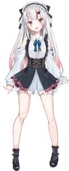 Rule 34 | blouse, blush, casual, center frills, collared shirt, commentary request, detached sleeves, frilled socks, frills, full body, hair ornament, highres, hololive, horns, legs apart, long hair, looking at viewer, nakiri ayame, nakiri ayame (girly), official alternate costume, official art, open mouth, red eyes, shirt, silver hair, simple background, skin-covered horns, sleeveless, sleeveless shirt, socks, solo, standing, straight-on, striped clothes, striped socks, very long hair, virtual youtuber, white background, white shirt
