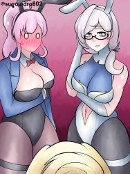 Rule 34 | 3girls, absurdres, animal ears, blonde hair, blush, breasts, clothes, fake animal ears, full-face blush, grey hair, highres, hololive, hololive english, hololive indonesia, holomyth, holoro, large breasts, long hair, looking at viewer, mori calliope, multiple girls, o o, pavolia reine, pink hair, ponytail, rabbit ears, sugawara, virtual youtuber, watson amelia