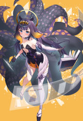 Rule 34 | 1girl, ao-chan (ninomae ina&#039;nis), bare shoulders, black gloves, blue eyes, blunt bangs, blush, book, choker, closed mouth, collarbone, commentary request, detached sleeves, flat chest, floating, floating book, floating object, full body, gloves, halo, highres, holding, holding stylus, hololive, hololive english, long hair, looking at viewer, low wings, mole, mole under eye, ninomae ina&#039;nis, ninomae ina&#039;nis (1st costume), ohihil, orange background, purple hair, single detached sleeve, single thighhigh, smile, solo, stylus, takodachi (ninomae ina&#039;nis), tentacles, thighhighs, virtual youtuber, white thighhighs, wings