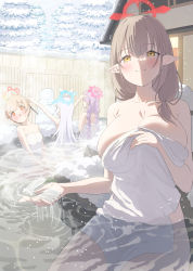 Rule 34 | 4girls, :o, absurdres, applepie (12711019), bathing, blonde hair, blue archive, blush, breasts, cherino (blue archive), cherino (hot spring) (blue archive), chinatsu (blue archive), chinatsu (hot spring) (blue archive), cleavage, closed mouth, commentary, covering privates, hair bun, halo, highres, large breasts, long hair, looking at viewer, medium breasts, medium hair, multiple girls, naked towel, nodoka (blue archive), nodoka (hot spring) (blue archive), official alternate costume, onsen, outdoors, parted lips, partially submerged, pointy ears, purple hair, red eyes, short hair, sidelocks, sitting, small breasts, smile, snow, snowing, snowman, steam, symbol-only commentary, tomoe (blue archive), towel, very long hair, water, wet, white hair, yellow eyes