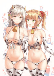 Rule 34 | 2girls, absurdres, animal ears, animal print, arm hug, armpit crease, bare shoulders, bell, bikini, black choker, blonde hair, bnari, breasts, brown eyes, choker, cleavage, collarbone, commentary, cow ears, cow horns, cow print, cow print bikini, cow tail, cowbell, cowboy shot, ear tag, elbow gloves, english commentary, fake animal ears, fake horns, front-tie bikini top, front-tie top, gloves, gluteal fold, green eyes, hair ornament, hair scrunchie, hairband, halterneck, highres, horns, large breasts, long hair, looking at viewer, mole, mole on breast, multi-strapped bikini, multiple girls, navel, neck bell, o-ring, o-ring bikini, open mouth, original, ponytail, print bikini, scrunchie, side-tie bikini bottom, silver hair, simple background, skindentation, smile, standing, stomach, string bikini, swimsuit, tail, thigh gap, thighhighs, thighs, wet, white background, white bikini, white gloves, white legwear