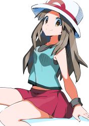 Rule 34 | 1girl, absurdres, bad id, bad pixiv id, blue shirt, brown eyes, brown hair, closed mouth, collarbone, creatures (company), game freak, hat, highres, leaf (pokemon), long hair, looking at viewer, midriff peek, miniskirt, nintendo, pleated skirt, pokemon, pokemon frlg, red skirt, shirt, simple background, sitting, skirt, sleeveless, sleeveless shirt, smile, solo, straight hair, very long hair, white background, white hat, wristband, yuihico