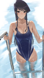 Rule 34 | 1girl, absurdres, black hair, blue one-piece swimsuit, blush, breasts, brown hair, cleavage, closed mouth, commentary, competition swimsuit, expressionless, female focus, highres, komi-san wa komyushou desu, komi shouko, long hair, looking at viewer, medium breasts, one-piece swimsuit, pool ladder, purple eyes, revision, sidelocks, solo, swimsuit, takita (takita3411), wading, wet, wet clothes, wet swimsuit