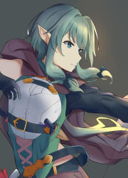 Rule 34 | 10s, 1girl, absurdres, arrow (projectile), belt, belt buckle, black belt, black gloves, bow, bow (weapon), breasts, brown cape, brown shorts, buckle, cape, closed mouth, commentary request, dagger, elf, gloves, goblin slayer!, green bow, green eyes, green hair, grey background, hair between eyes, hair bow, hair intakes, high elf archer (goblin slayer!), highres, kara (color1087), knife, long hair, long sleeves, looking away, looking to the side, outstretched arm, pointy ears, shorts, sidelocks, single sleeve, small breasts, solo, very long hair, weapon