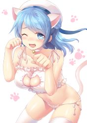 Rule 34 | 10s, 1girl, animal ears, bare shoulders, bell, blue eyes, blue hair, blush, breasts, cat ears, cat lingerie, cat tail, cleavage, cleavage cutout, clothing cutout, fang, hat, izumi akane, jingle bell, kantai collection, large breasts, leaning forward, long hair, looking at viewer, matching hair/eyes, meme attire, navel, one eye closed, panties, side-tie panties, smile, solo, standing, tail, thighhighs, underwear, urakaze (kancolle), white hat