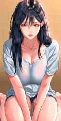 Rule 34 | 1girl, black hair, blue eyes, blush, breasts, breasts squeezed together, closed mouth, collarbone, female focus, full-face blush, full body, long hair, sowon (unlock her heart), unlock her heart