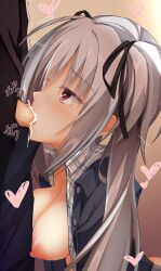 1boy 1girl absurdres aroused black_ribbon blush breasts breasts_out collared_shirt cum cum_in_mouth dracu-riot! elena_olegovna_owen fellatio from_side grey_hair hair_between_eyes hair_ribbon heart heart-shaped_pupils hetero highres long_hair looking_at_another looking_up makochan42 medium_breasts motion_lines nipples no_bra official_alternate_costume official_alternate_hairstyle open_clothes open_shirt oral penis plaid_clothes plaid_shirt profile raised_eyebrows red_eyes ribbon saliva sanpaku shirt sideboob simple_background solo_focus sound_effects symbol-shaped_pupils tsurime twintails twitching_penis uncensored upper_body veins veiny_penis