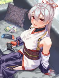 Rule 34 | 1girl, absurdres, bad id, bad pixiv id, blue hakama, blush, breasts, controller, couch, detached sleeves, dualshock, fate/grand order, fate (series), game controller, gamepad, hair between eyes, hakama, hakama pants, hakama skirt, handheld game console, highres, holding, holding handheld game console, japanese clothes, kimono, large breasts, long hair, looking at viewer, mitsudomoe (shape), naruse (0819), nintendo, nintendo switch, obi, open mouth, pants, playstation controller, ponytail, red eyes, sash, short kimono, side slit, silver hair, sitting, skirt, sleeveless, solo, sony, tomoe (symbol), tomoe gozen (fate), white kimono