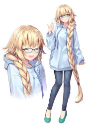 Rule 34 | 1girl, ^ ^, blonde hair, blue-framed eyewear, blue eyes, blush, braid, closed eyes, closed mouth, contemporary, denim, fate/grand order, fate (series), full body, glasses, jeanne d&#039;arc (fate), jeanne d&#039;arc (ruler) (fate), jeans, long braid, long hair, multiple views, ne-on, open mouth, pants, single braid, smile, very long hair, waving, white background