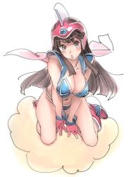 Rule 34 | 1girl, armor, bikini armor, boots, breasts, brown hair, chi-chi (dragon ball), cleavage, cloud, dragon ball, flying nimbus, gloves, helmet, hime cut, large breasts, long hair, navel, nishieda, open mouth, pauldrons, pink footwear, shoulder armor, solo