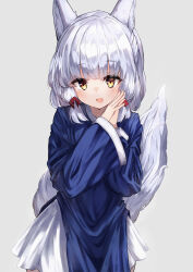 Rule 34 | 1girl, :d, absurdres, alternate costume, animal ear fluff, animal ears, blue hair, blue kimono, blush, bow, bowchan, commentary request, cowboy shot, fox ears, fox girl, fox tail, grey background, hair bow, highres, japanese clothes, kimono, light blue hair, long sleeves, looking at viewer, machikado mazoku, medium hair, open mouth, own hands clasped, own hands together, partial commentary, red bow, riko (machikado mazoku), simple background, smile, solo, standing, tail, tail raised, wide sleeves, yellow eyes