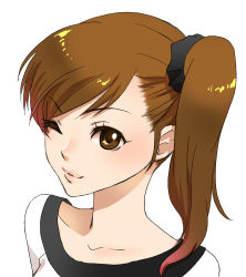 1girl blush brown_eyes brown_hair female_focus futami_mami highres idolmaster idolmaster_(classic) lips one_eye_closed portrait scrunchie side_ponytail simple_background solo upper_body vuipui white_background wink