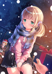Rule 34 | 1girl, black skirt, blonde hair, blush, character doll, closed mouth, gift, green eyes, hat, highres, holding, holding gift, ifnil, long sleeves, looking away, night, original, outdoors, red hat, santa hat, scarf, scrunchie, short hair, short ponytail, side ponytail, sitting, skirt, snowing, solo focus, sweater, tearing up