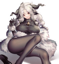 Rule 34 | 1girl, absurdres, ahoge, animal ears, arknights, bell, black footwear, black gloves, black pantyhose, black sweater, breasts, bright pupils, character request, feet out of frame, fur-trimmed sleeves, fur collar, fur shawl, fur trim, gloves, highres, horns, jiusan naitang, large breasts, legs, long hair, long sleeves, looking at viewer, lying, neck bell, on back, pantyhose, parted bangs, parted lips, red eyes, shawl, shoes, unworn shoes, sidelocks, silver hair, simple background, sweater, white background