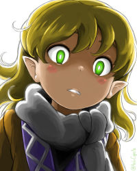 Rule 34 | 1girl, admiral paru, black shirt, blonde hair, blush, brown shirt, commentary request, green eyes, highres, looking at viewer, mizuhashi parsee, parted lips, pointy ears, scarf, shaded face, shirt, short hair, simple background, solo, touhou, undershirt, upper body, white background, white scarf